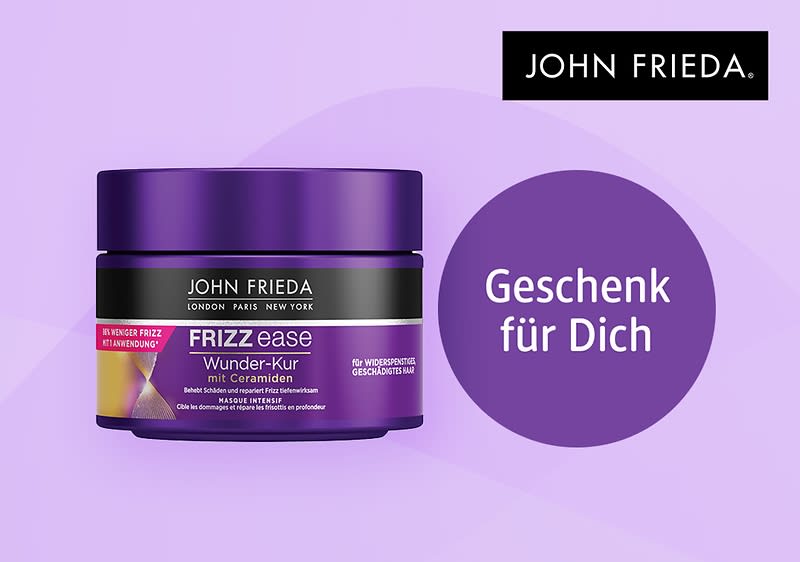 Eine lila Verpackung der John Frieda Frizz Ease Wunder-Kur mit Ceramiden, daneben ein lila Kreis mit der Aufschrift „Geschenk für Dich“ und oben rechts das John Frieda Logo