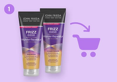Zwei lila Shampoo- und Conditioner-Flaschen der Marke John Frieda mit der Aufschrift „Frizz Ease Wunder-Reparatur mit Ceramiden“, daneben ein lila Einkaufswagensymbol