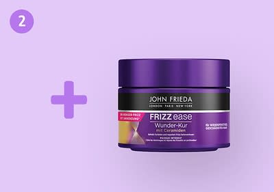 Eine lila Verpackung von John Frieda Frizz Ease Wunder-Kur mit Cremenaden, Aufschrift „In weniger Frizz in weniger Zeit“ und „60 Sekunden Wunderkur Geschmeidigkeit“