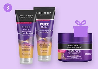 Drei John Frieda Frizz Ease Produkte auf einem lila Hintergrund, links Shampoo und Conditioner mit der Aufschrift „Wunder-Reparatur mit Ceramid“, rechts eine Wunder-Kur mit der Aufschrift „Frizz Ease Wunder-Kur mit Hitzeschutz“