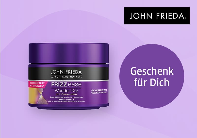 Eine lila Verpackung der John Frieda Frizz Ease Wunder-Kur mit Ceramiden, daneben der Text „Geschenk für Dich“ auf einem hellen lila Hintergrund, oben rechts das Logo von John Frieda