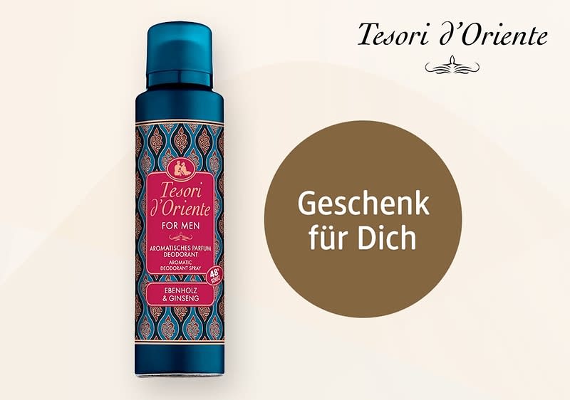 Eine dunkelblaue Deodorant-Flasche mit orientalischem Muster und der Aufschrift „Tesori d'Oriente For Men Aromatisches Parfum Deodorant“ steht neben einem braunen Kreis mit dem Text „Geschenk für Dich“