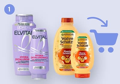 Zwei lila Flaschen von L'Oréal Elvital mit der Aufschrift „Hydra [Hyaluronic]“ und zwei gelbe Flaschen von Garnier Wahre Schätze mit der Aufschrift „Honig Schätze“ vor einem blauen Einkaufswagen-Symbol