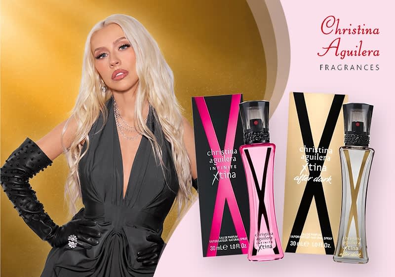 Zwei Parfümflaschen mit Verpackungen, links rosa mit der Aufschrift „christina aguilera X xTina“, rechts gold mit der Aufschrift „christina aguilera X after dark“