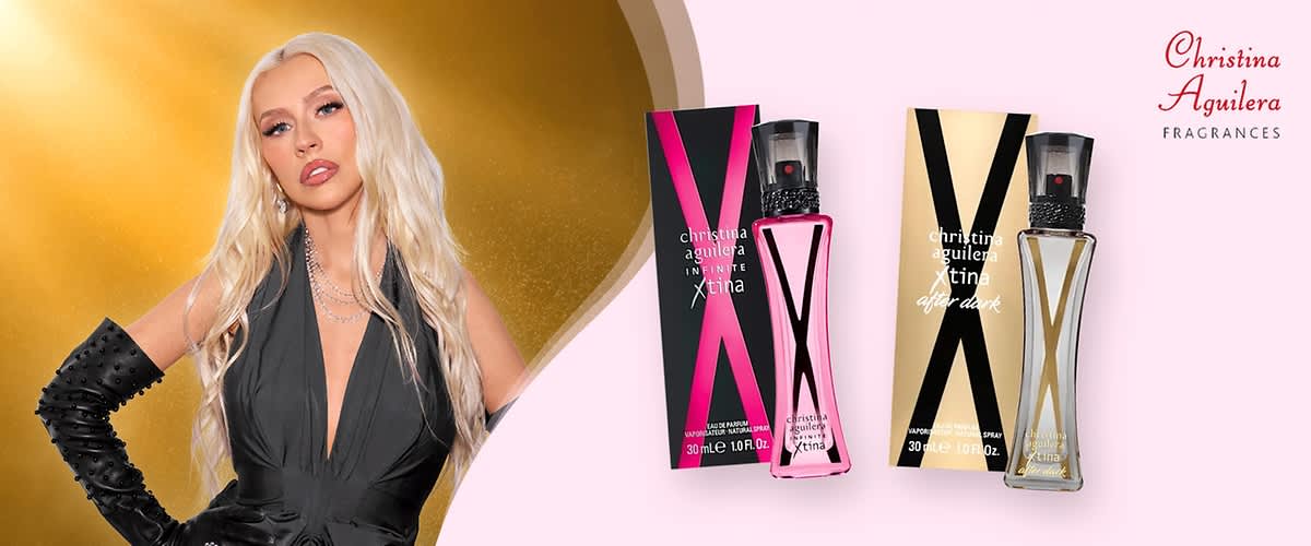 Zwei Parfümflaschen mit Verpackungen, links rosa mit der Aufschrift „christina aguilera X xTina“, rechts gold mit der Aufschrift „christina aguilera X after dark“