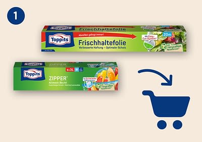 Lege mind. eine Packung Toppits Zipper Allzweckbeutel oder Frischhaltefolie in den Warenkorb.