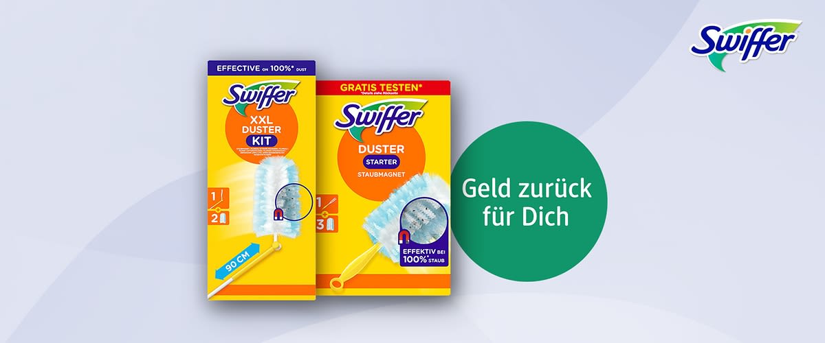 Das Logo von Swiffer, zwei gelbe Produktverpackungen mit blauen Staubwedeln, Aufschriften „XXL Duster Kit“ und „Duster Starter Staubmagnet“, grüner Kreis mit weißem Text „Geld zurück für Dich“
