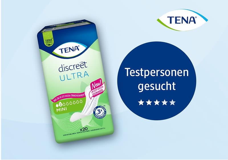 Eine grüne Verpackung von TENA Discreet Ultra Mini mit der Aufschrift „Neu! Extra Schutz“ und einem blauen Kreis daneben mit dem Text „Testpersonen gesucht“ und fünf Sternen. Das TENA-Logo ist oben rechts im Bild