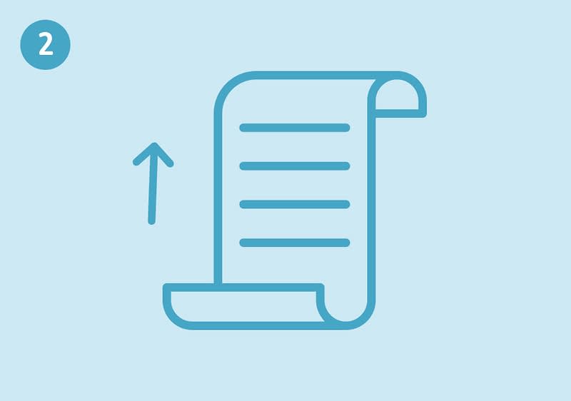 Eine Illustration zeigt eine stilisierte, aufgerollte Papierrolle mit einem Pfeil, der nach oben zeigt, und der Zahl 2 in der oberen linken Ecke