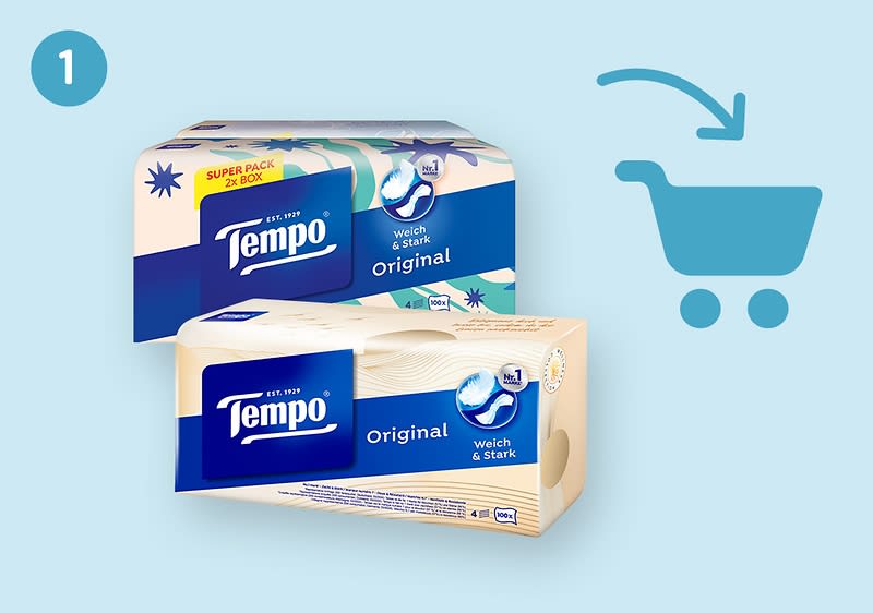 Zwei Packungen Tempo Taschentücher, eine blaue mit der Aufschrift „Super Pack 2x 10x“ und eine beige mit der Aufschrift „Original Weich & Stark“, daneben ein Einkaufswagensymbol
