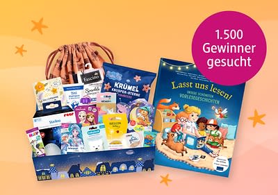Eine Geschenkbox mit verschiedenen Kinderprodukten, darunter ein Vorlesebuch mit dem Titel „Lasst uns lesen! Unsere schönsten Vorlesegeschichten“, eine Packung Krumel Knusper-Sternchen, ein rosa Beutel und diverse Pflegeprodukte, daneben ein pinker Kreis mit der Aufschrift „1.500 Gewinner gesucht“