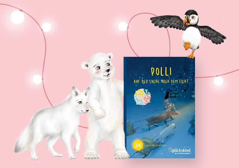 Ein weißer Eisbär hält einen Korb mit verschiedenen Kinderprodukten, darunter Bücher und Pflegeartikel, daneben ein Buch mit dem Titel „Lasst uns lesen! Unsere schönsten Vorlesegeschichten“, ein Vogel sitzt auf dem Korb, im Hintergrund das dm glückskind Logo