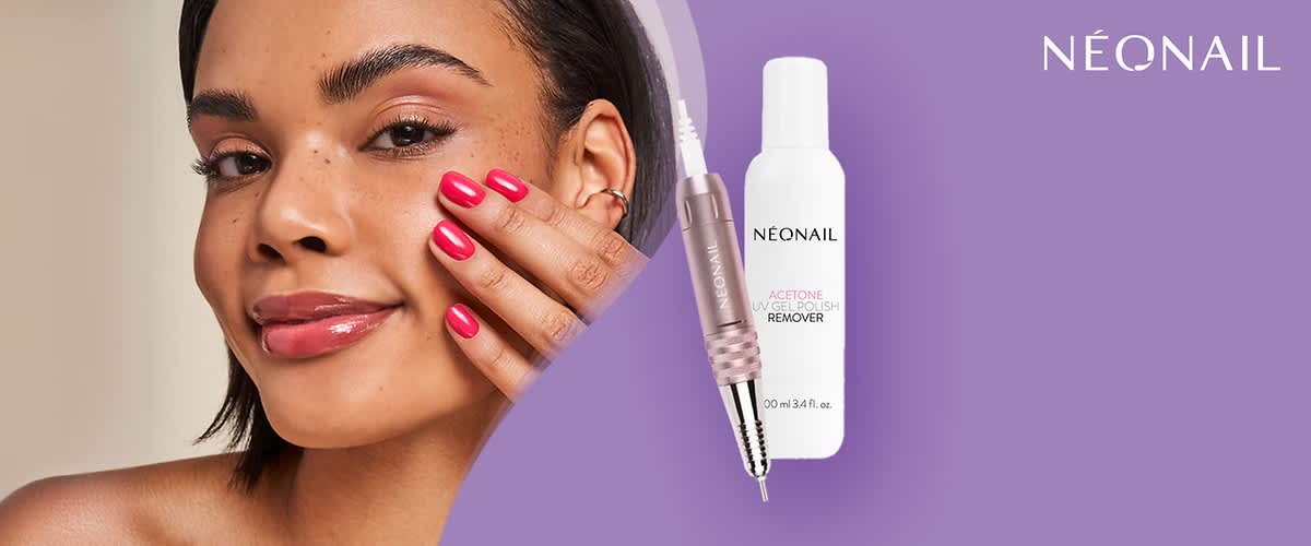 Eine elektrische Nagelfeile in Roségold mit dem Schriftzug „NEONAIL“ auf einem lila Hintergrund