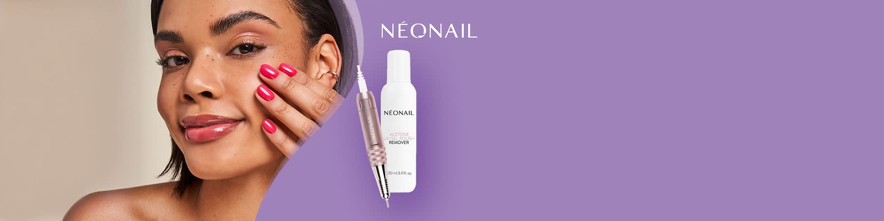 Ein rosafarbener elektrischer Nagelfräser mit der Aufschrift „NÉONAIL“ auf einem lila Hintergrund