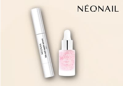 Zwei Produkte von NEONAIL, links ein silbernes Nagelserum mit der Aufschrift „7in1 nail repair serum“, rechts eine rosa Flasche mit Pipette und der Aufschrift „strong repair“