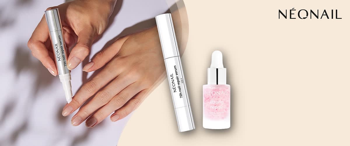 Zwei Produkte von NEONAIL, links ein silbernes Nagelserum mit der Aufschrift „7in1 nail repair serum“, rechts eine rosa Flasche mit Pipette und der Aufschrift „strong repair“