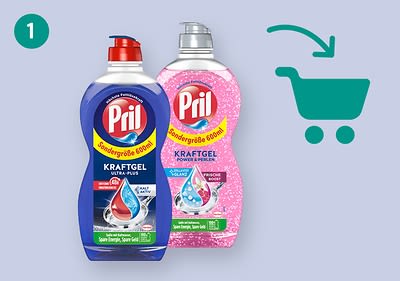 Zwei Flaschen Pril Kraftgel, eine blaue mit rotem Deckel und eine pinke mit silbernem Deckel, beide mit der Aufschrift „Sondergröße 600ml“ und „Kraftgel Power & Pflege“, daneben ein Einkaufswagensymbol mit Pfeil