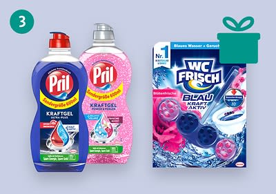 Zwei Flaschen Pril Kraftgel, eine blau mit rotem Verschluss und die andere pink mit silbernem Verschluss, daneben eine Packung WC Frisch Blau Kraft Aktiv mit blauen Wasser und Blütendüfte
