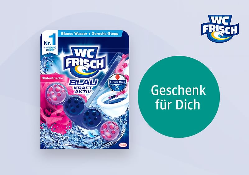 Eine Verpackung von WC Frisch Blau Kraft Aktiv mit der Aufschrift „Blütenfrische“ und „Geschenk für Dich“ in einem grünen Kreis. Das Logo von WC Frisch ist oben rechts sichtbar