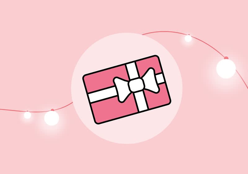 Illustration eines rosa Geschenks mit weißer Schleife vor einem rosa Hintergrund mit leuchtenden Lichterketten