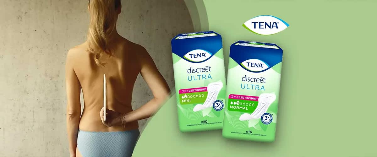 Zwei hellgrüne Packungen TENA discreet ULTRA Slipeinlagen, links Packung „MINI“ x20, rechts Packung „NORMAL“ x16, jeweils mit weißer Einlage-Abbildung und blauem TENA-Logo oben rechts