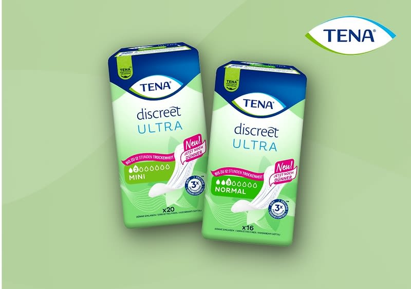 Zwei Produktverpackungen von TENA discreet Ultra, links Mini und rechts Normal, beide in Grün und Blau mit pinken „Neu“ Etiketten und dem TENA Logo oben rechts