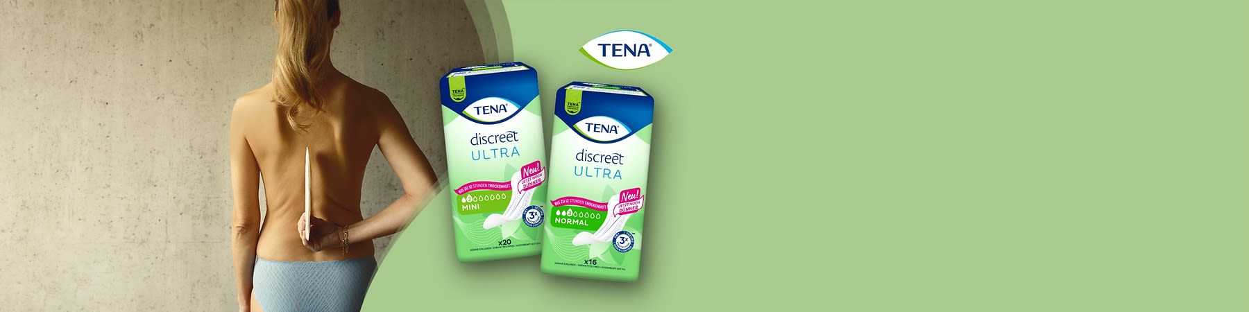Zwei Produktverpackungen von TENA discreet Ultra, links Mini und rechts Normal, beide in Grün und Blau mit pinken „Neu“ Etiketten und dem TENA Logo oben rechts