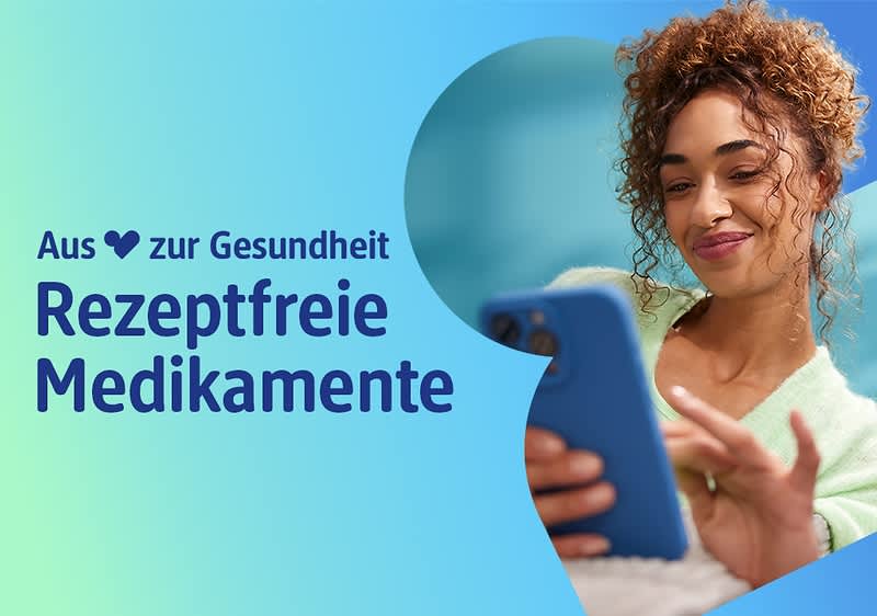 Eine Person hält ein Smartphone in der Hand, daneben der Text „Aus ♥ zur Gesundheit Rezeptfreie Medikamente“ auf einem blauen Hintergrund