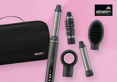 Ein schwarzer Lockenstab mit drei austauschbaren Aufsätzen und einer schwarzen Tasche, oben rechts das Logo von ebelin