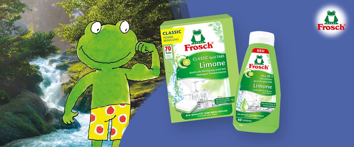 Zwei grüne Frosch-Spülmaschinenprodukte: links eine Packung „Frosch Classic Spül‑TABS Limone“ mit Hinweis „70 Tabs“, rechts eine Flasche „Frosch All‑in‑1 Geschirrspül‑Gel Limone“ mit Hinweis „40 Spülgänge“, rechts oben Frosch-Logo