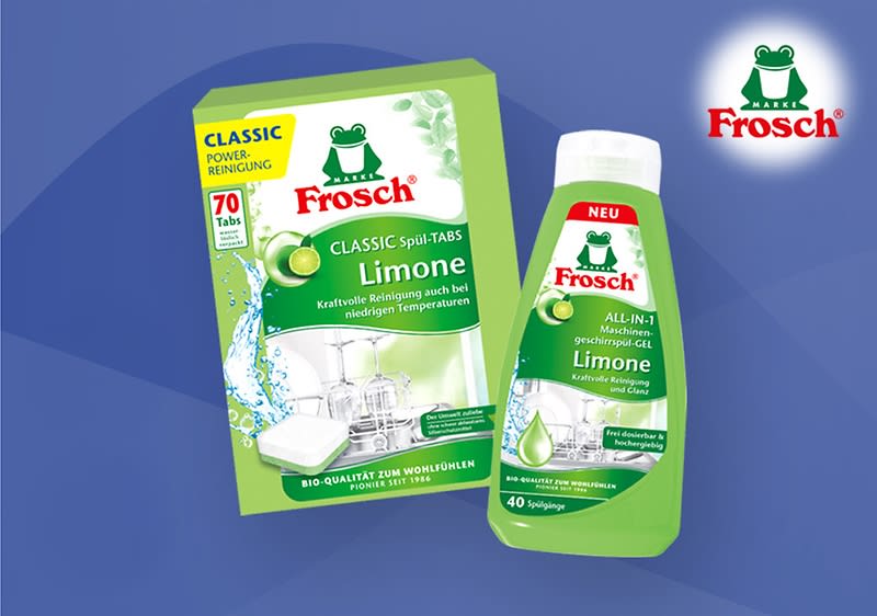 Zwei grüne Frosch-Geschirrspülprodukte: links eine rechteckige Verpackung „Frosch CLASSIC Spül-TABS Limone“ mit Bild eines Geschirrspülers und Hinweis „70 Tabs“, rechts eine Flasche „Frosch ALL-IN-1 Maschinengeschirr-Gel Limone“ mit Aufschrift „NEU“ und „40 Spülgänge“, dazu Frosch-Logo oben rechts