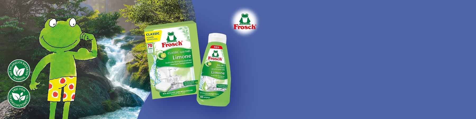 Eine grüne Verpackung und eine grüne Flasche der Marke Frosch mit der Aufschrift „Classic Spül-Tabs Limone“ und „All-in-1 Spülmaschinen Gel Limone“. Beide Produkte sind mit einem Frosch-Logo versehen und enthalten Hinweise wie „Kraftvolle Reinigung auch bei niedrigen Temperaturen“ und „Frei von Mikroplastik“. Die Verpackung zeigt eine Abbildung von Geschirr und das Wort „Classic“ in einem gelben Feld.