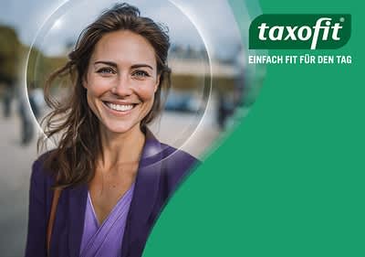 Produktverpackung des Nahrungsergänzungsmittels Taxofit L-Tryptophan 500 Nerven Plus mit grünem und weißem Design, Aufschrift „Für Nerven, Psyche, Energie“, „Hochdosiert Depot“, „500 mg L-Tryptophan“, „Vorstufe von Serotonin“, „NUR 1x täglich“, „20 Tabletten“, daneben das Taxofit-Logo und der Slogan „Einfach fit für den Tag“