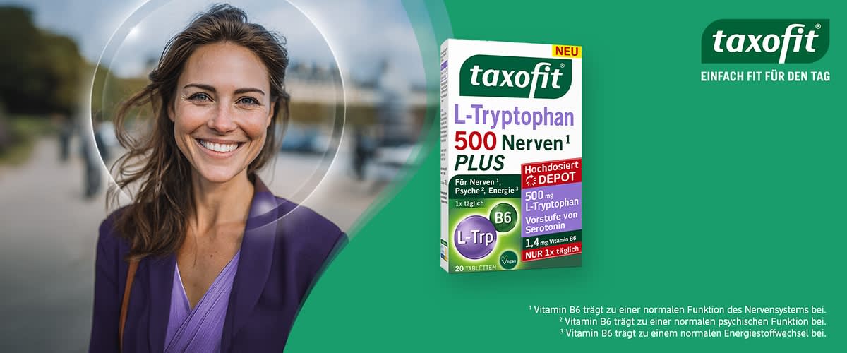Produktverpackung des Nahrungsergänzungsmittels Taxofit L-Tryptophan 500 Nerven Plus mit grünem und weißem Design, Aufschrift „Für Nerven, Psyche, Energie“, „Hochdosiert Depot“, „500 mg L-Tryptophan“, „Vorstufe von Serotonin“, „NUR 1x täglich“, „20 Tabletten“, daneben das Taxofit-Logo und der Slogan „Einfach fit für den Tag“