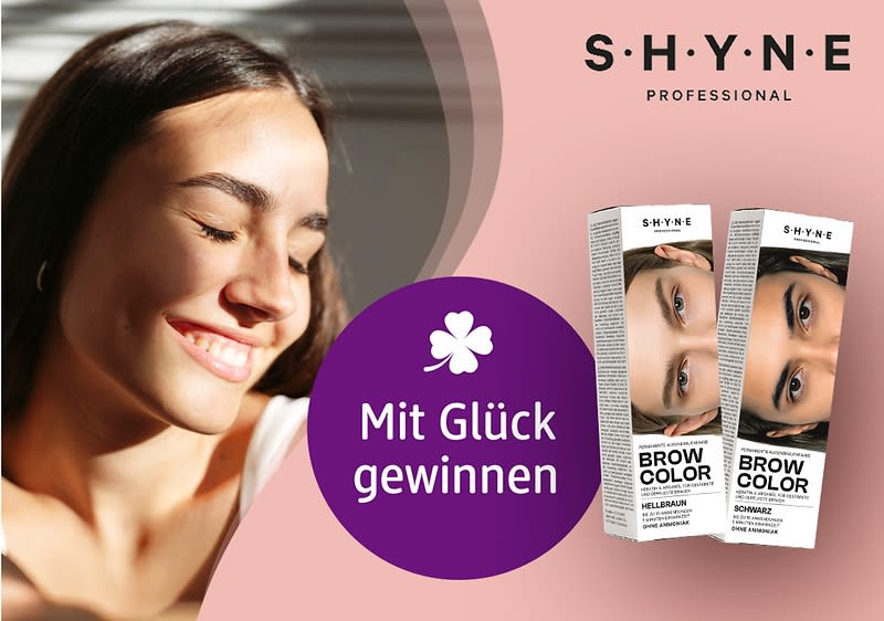 Das Logo von SHYNE Professional, zwei Verpackungen von Brow Color mit Bildern von Augenbrauen, ein lila Kreis mit einem Kleeblatt und dem Text „Mit Glück gewinnen“