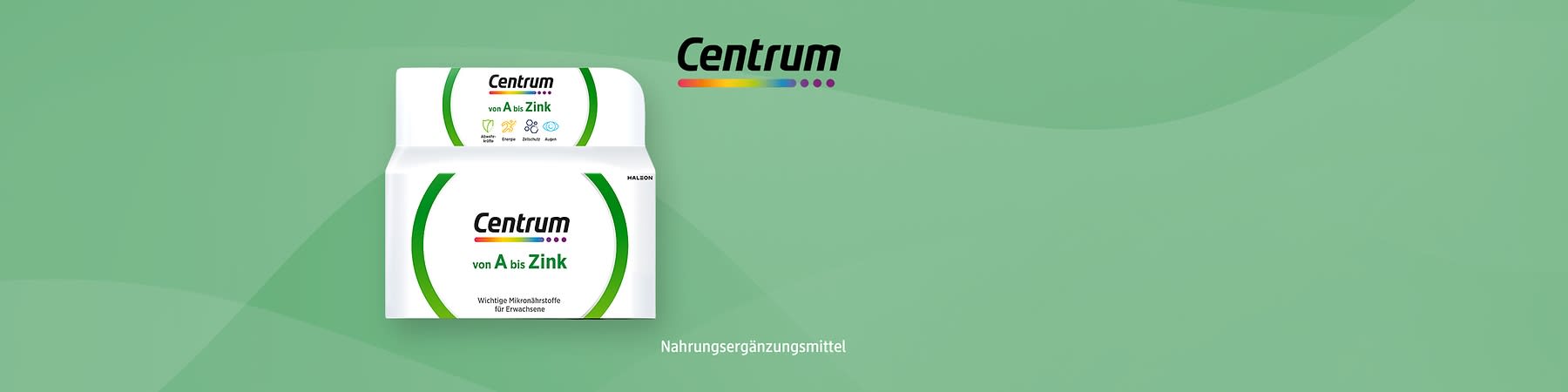 Eine grüne und weiße Verpackung von Centrum Vital+ mit der Aufschrift „Knochen, Knorpel & Muskeln mit Glucosamin & Chondroitin“ und „30 3-Phasen Tabletten“, darunter ein Hinweis "Nahrungsergänzungsmittel" und daneben eine weiße Tablettenflasche mit dem gleichen Logo