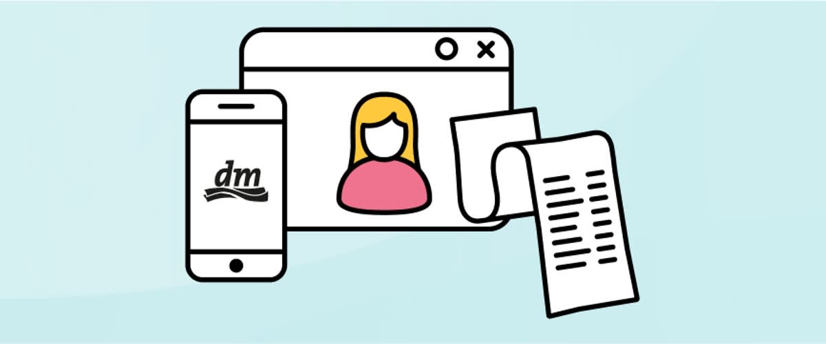 Illustration im einfachen Stil zeigt ein Smartphone mit dm-Logo, ein Computerfenster mit einer stilisierten Person und einen Kassenbon mit Textzeilen