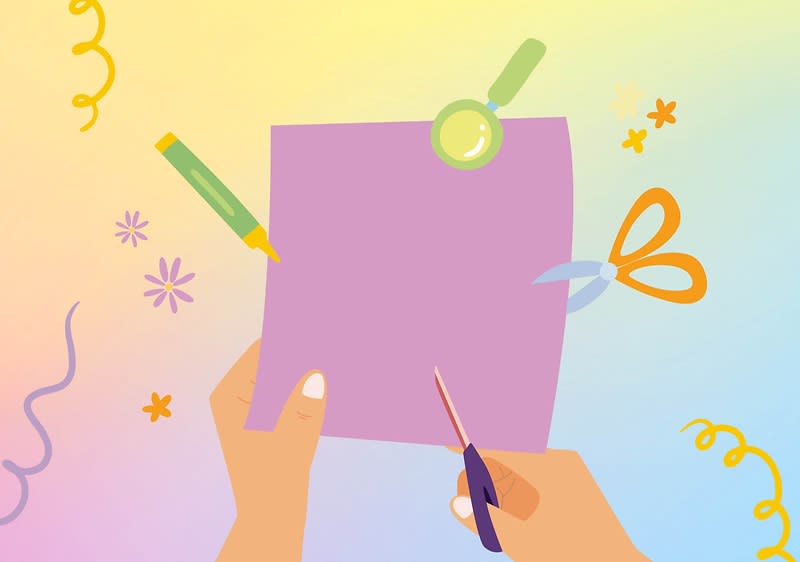 Illustration von zwei Händen, die ein lilafarbenes Papier mit einer Schere schneiden, umgeben von einer grünen Lupe, einem grünen Stift und orangefarbenen Scheren sowie bunten dekorativen Elementen auf einem pastellfarbenen Hintergrund