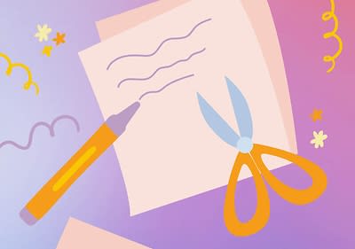 Eine Illustration im bunten Stil zeigt eine orangefarbene Schere und einen orangefarbenen Stift neben einem Blatt Papier mit drei gewellten Linien