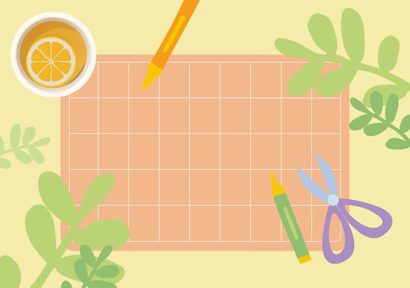 Illustration eines Schreibtisches mit einer Tasse Tee, einer orangefarbenen und einer grünen Markierung, einer Schere und grünen Blättern auf einem karierten Untergrund
