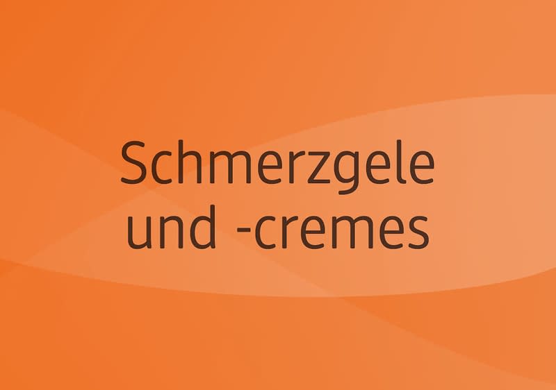 Orangefarbener Hintergrund mit dem schwarzen Text „Schmerzgele und -cremes“