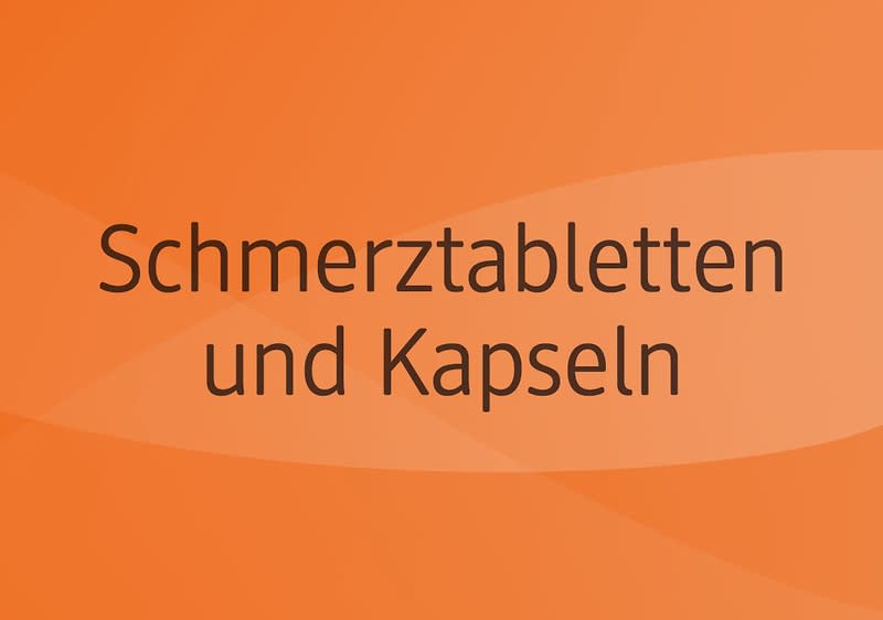 Orangefarbener Hintergrund mit dem schwarzen Text „Schmerztabletten und Kapseln“