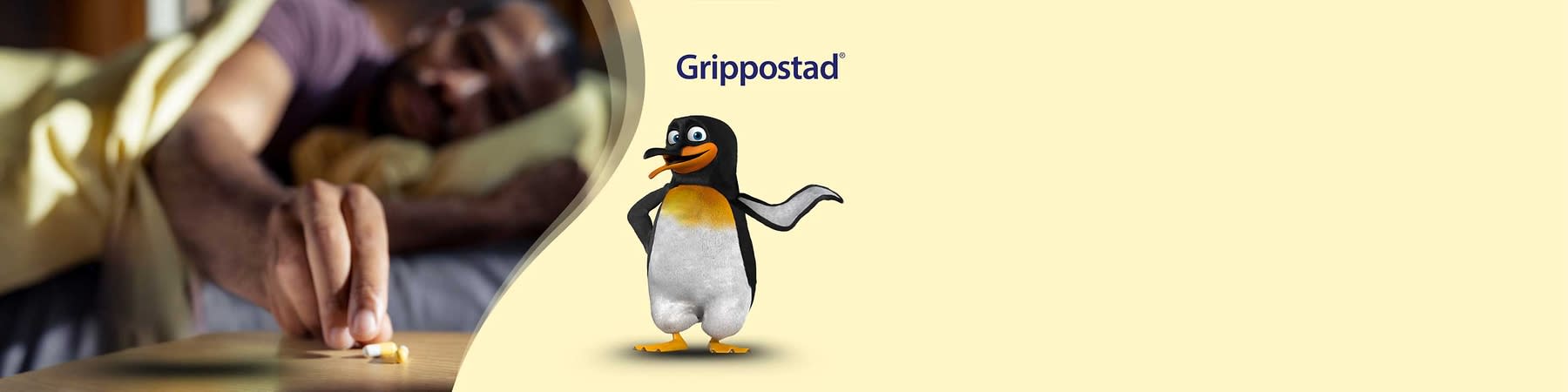 Ein fröhlicher animierter Pinguin mit orangefarbenem Schnabel und Füßen steht auf einem beigen Hintergrund mit der blauen Aufschrift „Grippostad“