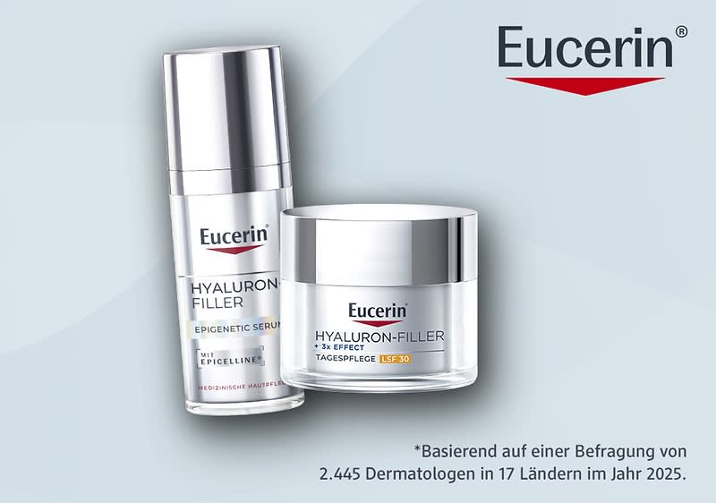 Zwei Eucerin-Hautpflegeprodukte vor hellem Hintergrund: links eine silberne Pumpflasche mit Aufschrift „Eucerin Hyaluron‑Filler Epigenetic Serum“, rechts ein runder Cremetiegel mit Aufschrift „Eucerin Hyaluron‑Filler 3x Effekt Tagespflege LSF 30“, Markenlogo oben rechts. Ein Sternchentext wird aufgelöst mit: *Basierend auf einer Befragung von 2.445 Dermatologen in 17 Ländern im Jahr 2025.“