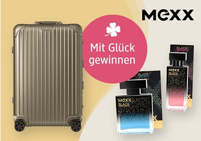 Ein silberner Koffer neben zwei Parfümflaschen von Mexx, eine mit blauem und eine mit rosa Farbverlauf, daneben ein rosa Kreis mit einem Kleeblatt und dem Text „Mit Glück gewinnen“, oben rechts das Mexx-Logo