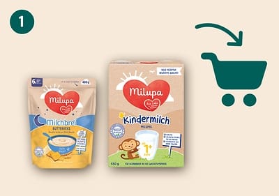 Milupa Produkte zeigen auf Einkaufswagen-Symbol.