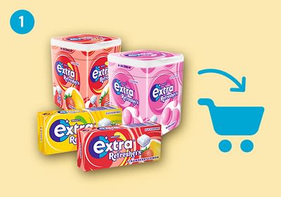 Zwei Produkte von EXTRA REFRESHERS zeigen auf Einkaufswagen-Symbol.