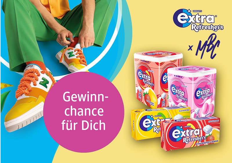 Bubble „Gewinnchance für Dich“, Produkte von EXTRA REFRESHERS und bunte Sneaker