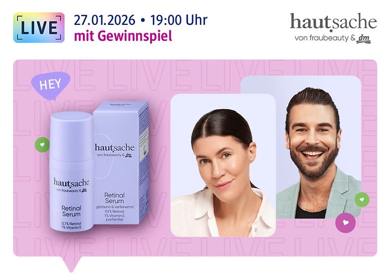 Live am 02.12.2025, 19:00 Uhr: Die Moderatoren fraubeauty und Eric Schroth lächeln in die Kamera, daneben das hautsache Retinal Serum, das hautsache Logo sowie der Hinweis auf ein Gewinnspiel