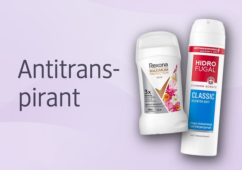 Helles Werbebild mit dem Schriftzug „Antitranspirant“ links und zwei Antitranspirant-Produkten rechts: ein weißer Rexona Maximum Protection Stick mit floralem Motiv und ein weiß-blau-rotes Hidrofugal Classic Spray mit der Aufschrift „Starker Schutz“ und „Dezenter Duft“